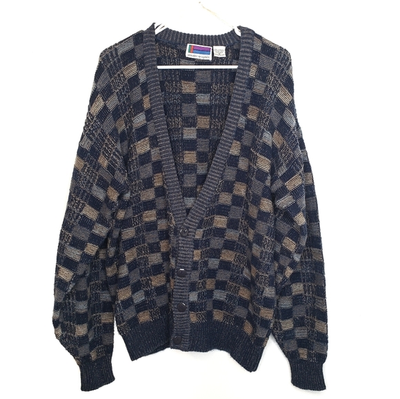 Vintage Other - Vintage 80s Checkered Button Front Knit Cardigan